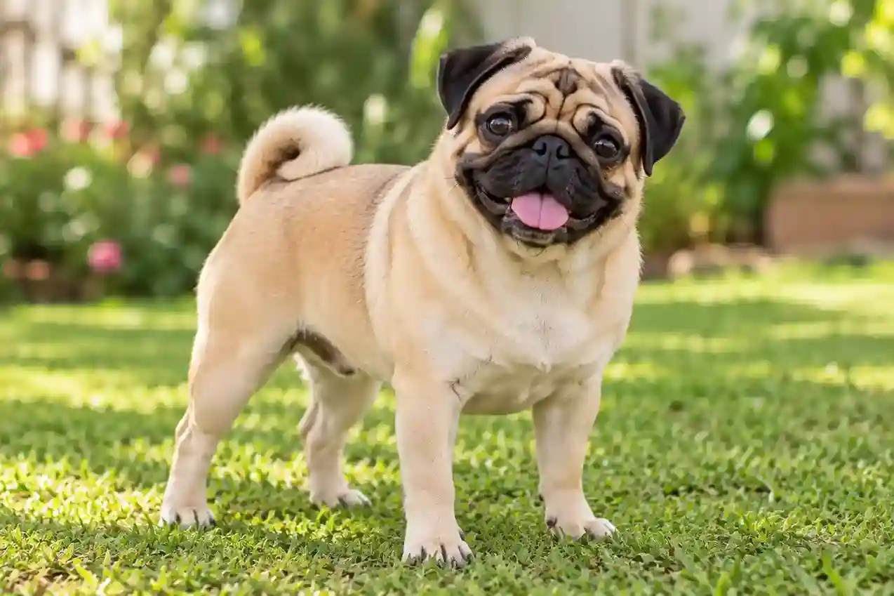 Fawn Pug standing on grass in a sunny garden