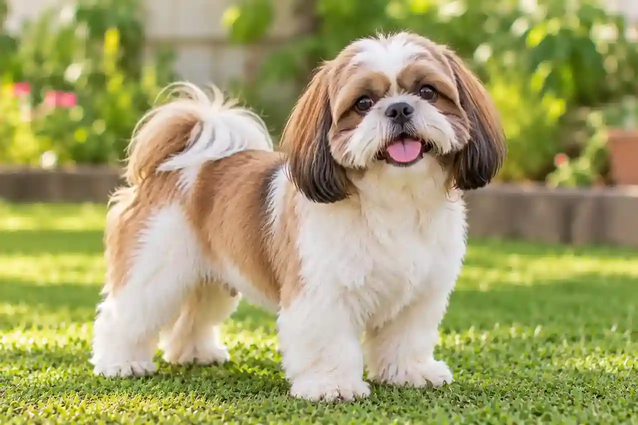Shih Tzu with a white, brown and dark coat standing on grass in a garden