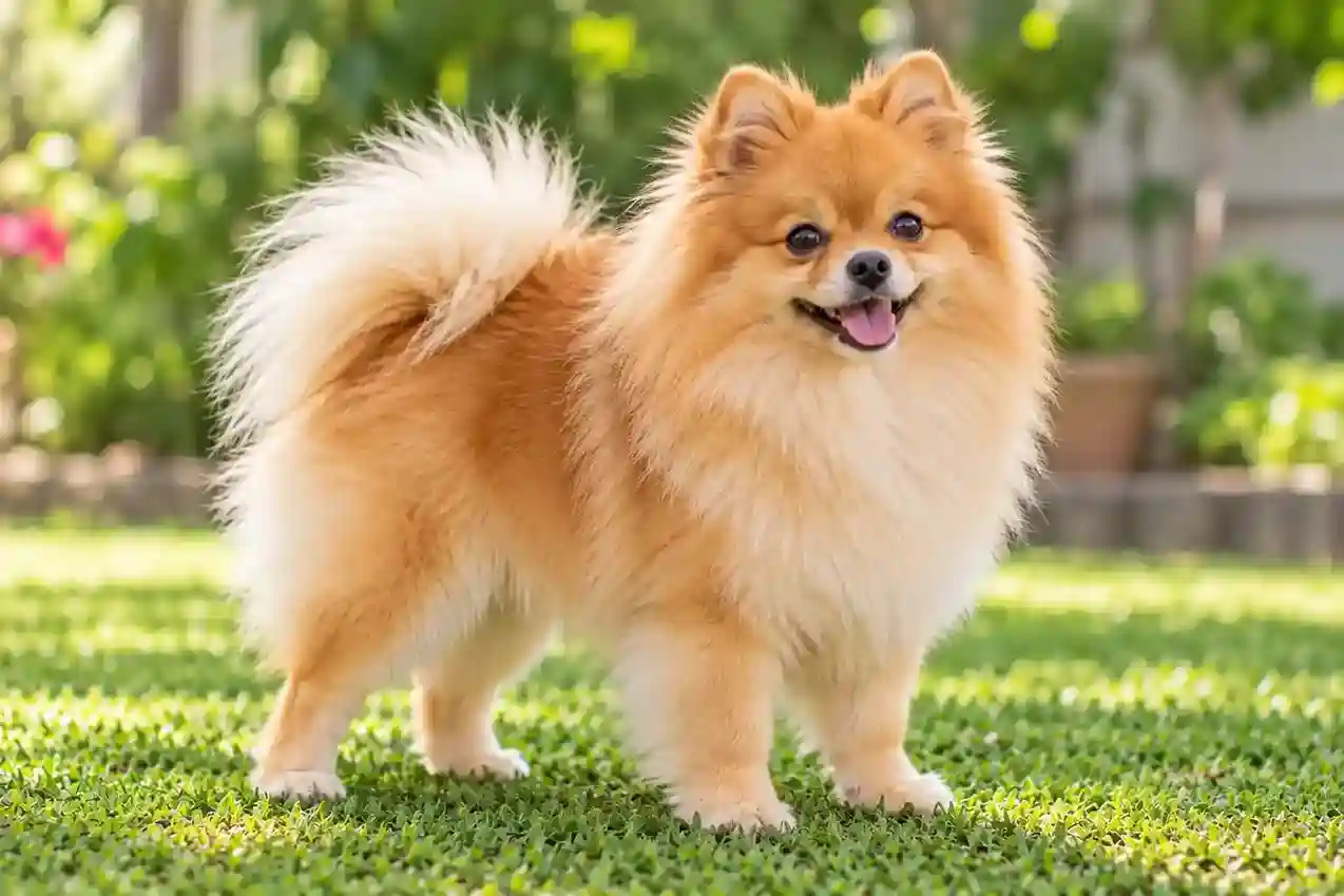 Fluffy orange Pomeranian standing on green grass in a garden