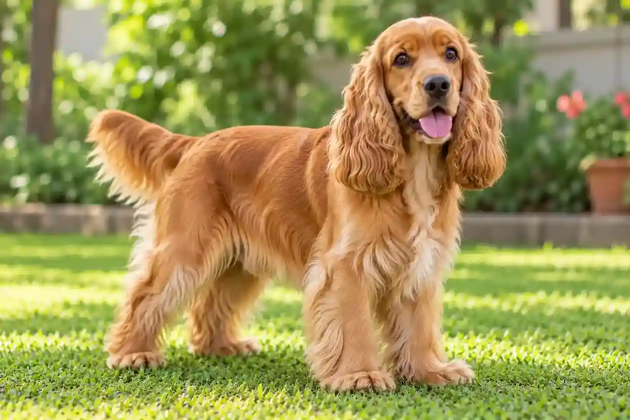 Golden Cocker Spaniel standing on a sunny lawn in a garden