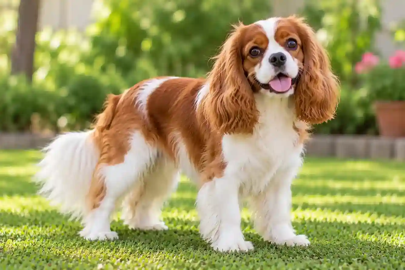 Blenheim Cavalier King Charles Spaniel standing on green grass in a garden