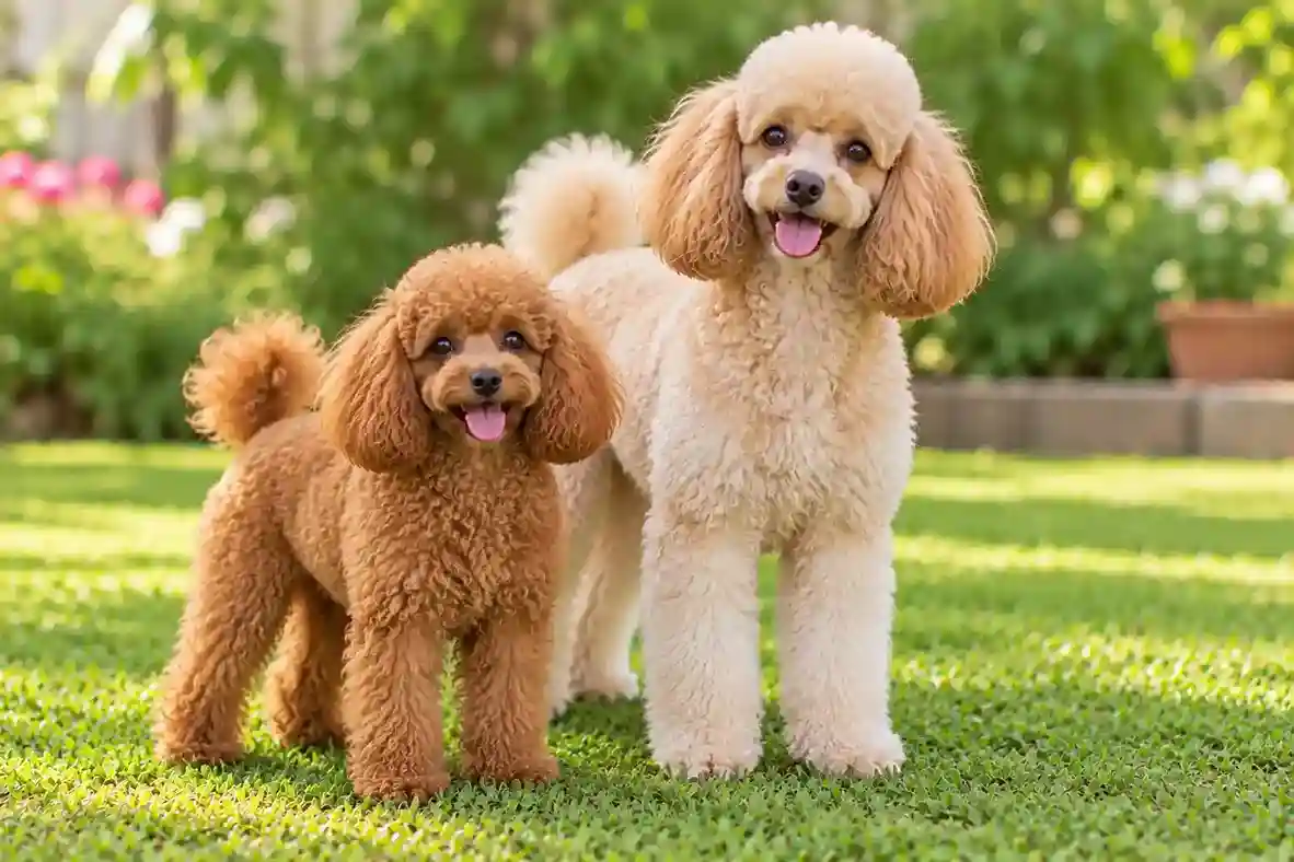 Toy and Miniature Poodles standing together on a sunny lawn