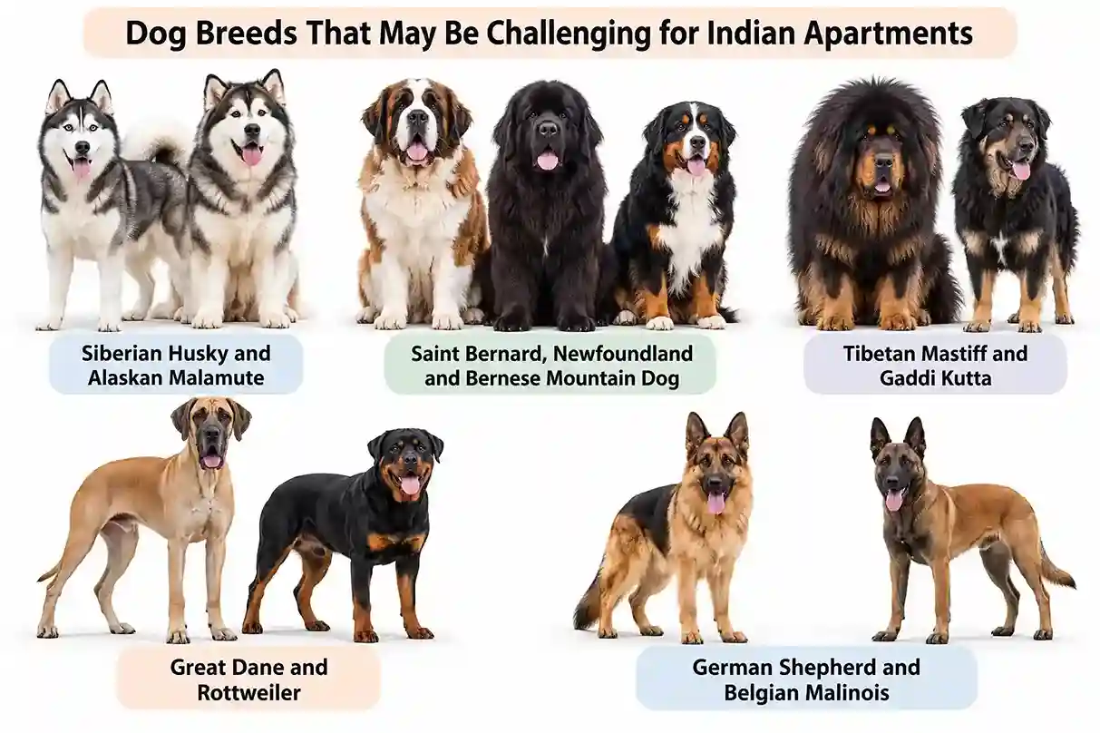 Illustration of dog breeds that may be challenging to keep in Indian apartments, including Siberian Husky, Alaskan Malamute, Saint Bernard, Newfoundland, Bernese Mountain Dog, Tibetan Mastiff, Gaddi Kutta, Great Dane, Rottweiler, German Shepherd and Belgian Malinois